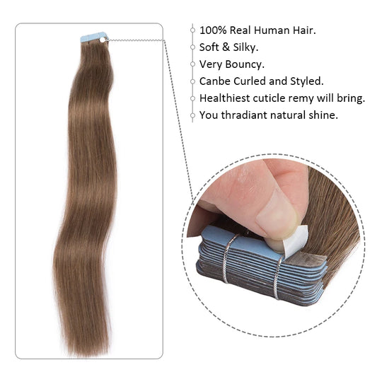 Straight Tape in Human Hair Extension 20pcs 100% Human Remy Hair Extensions Natural Tapes in Human Fusion Hair Ombre Blonde 613#