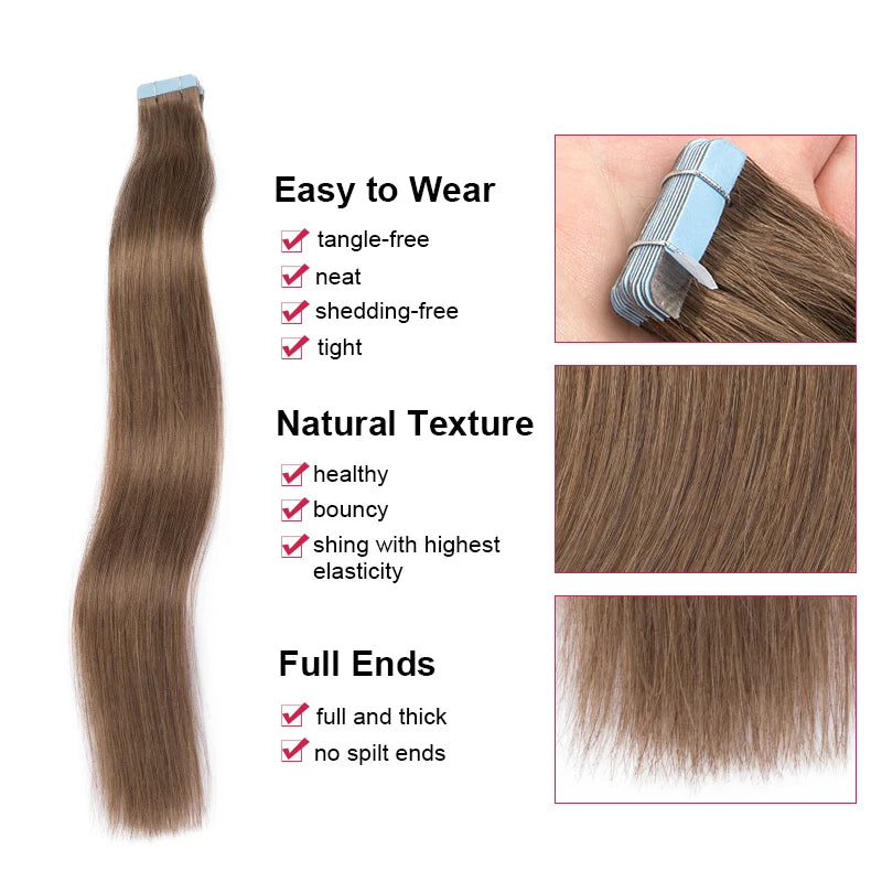 Straight Tape in Human Hair Extension 20pcs 100% Human Remy Hair Extensions Natural Tapes in Human Fusion Hair Ombre Blonde 613#