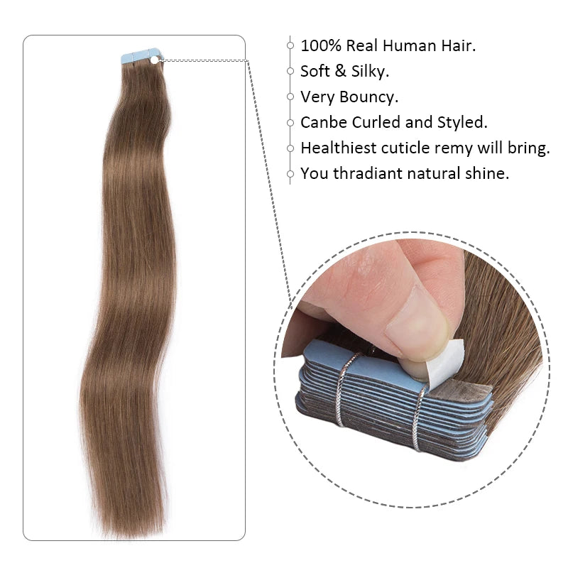 Straight Tape in Human Hair Extension 20pcs 100% Human Remy Hair Extensions Natural Tapes in Human Fusion Hair Ombre Blonde 613#